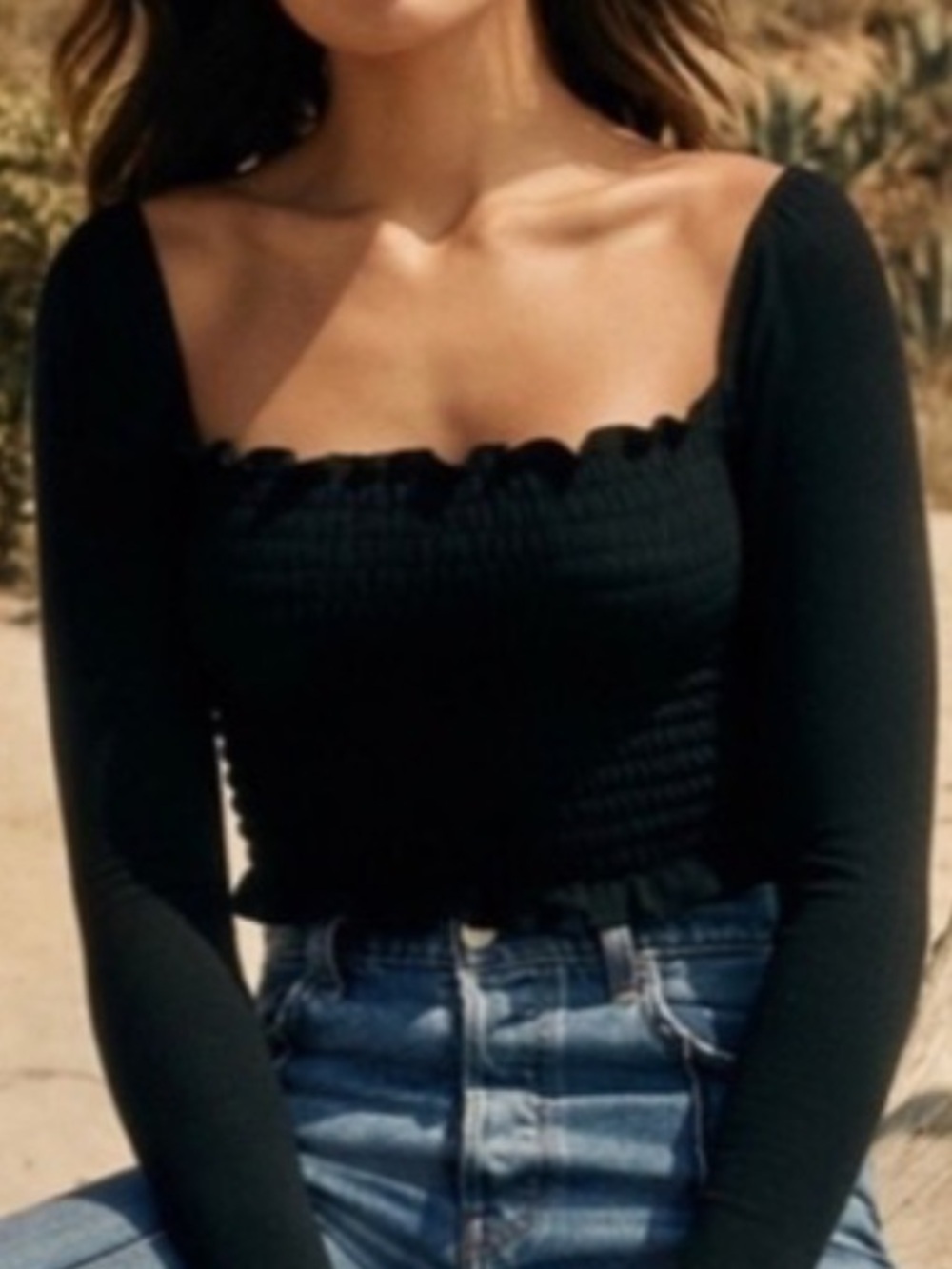 Hollister Black Long-Sleeve Smocked Square Neck Crop Top, Large